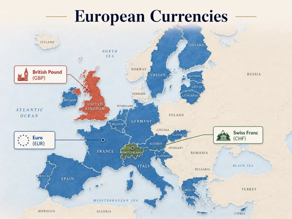 Map of Europe highlighting the Euro (EUR), British Pound (GBP), and Swiss Franc (CHF) across key European countries.