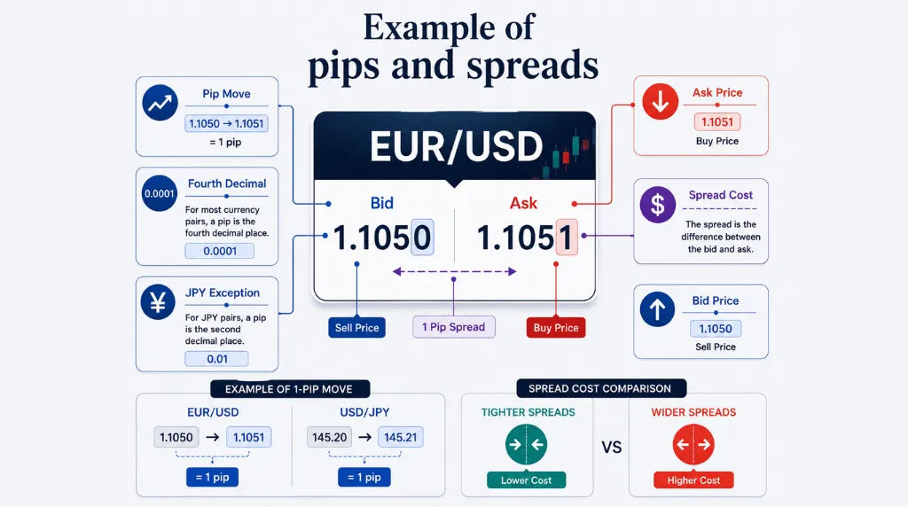 Infographic explaining pips and spreads in forex using EUR/USD, showing a bid price of 1.1050, an ask price of 1.1051, and a 1-pip spread, with examples of pip moves for EUR/USD and USD/JPY Vantage Markets 