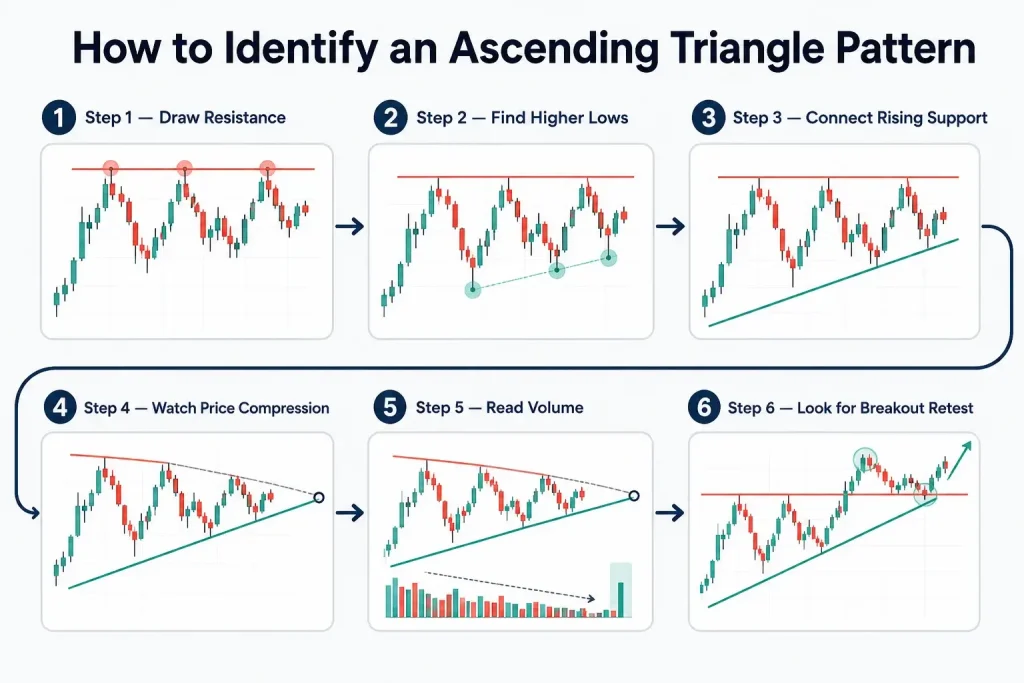 Six-step infographic showing how to identify an ascending triangle pattern by drawing resistance, finding higher lows, connecting rising support, watching price compression, reading volume, and looking for a breakout retest.