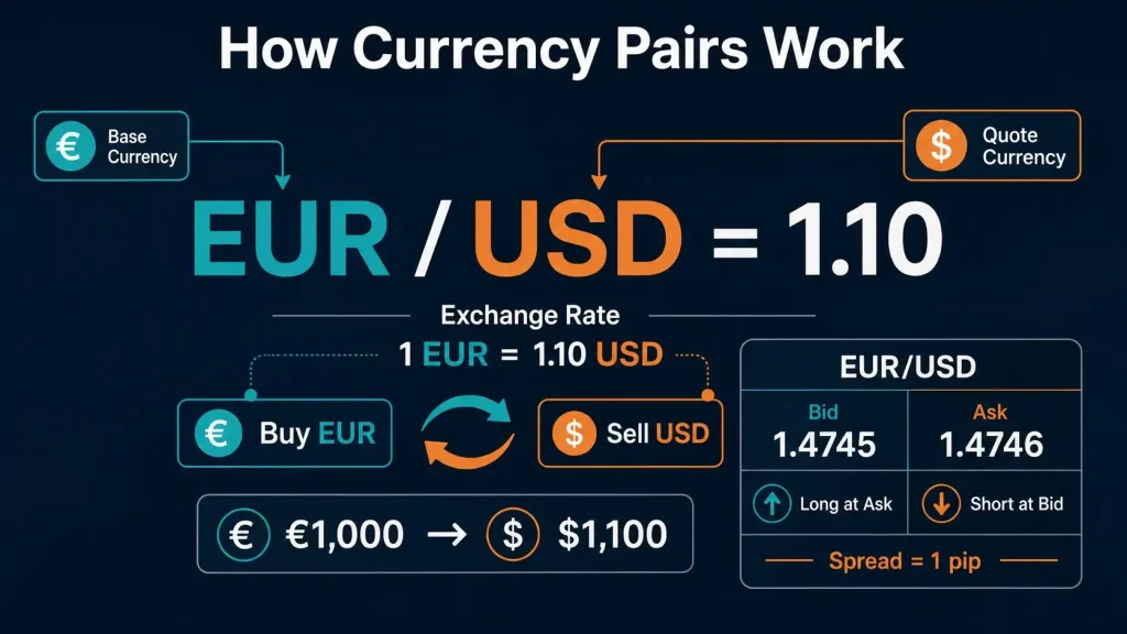 Infographic explaining how the EUR/USD currency pair works, with EUR as the base currency and USD as the quote currency. It shows an exchange rate of 1 EUR to 1.10 USD, the simultaneous buying of EUR and selling of USD, and a bid price