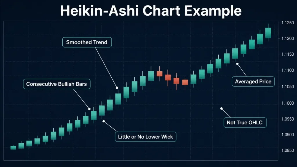 Heikin-Ashi EUR/USD chart showing a smooth uptrend with consecutive bullish candles, little or no lower wick, a short pullback, and averaged price data rather than true OHLC values.