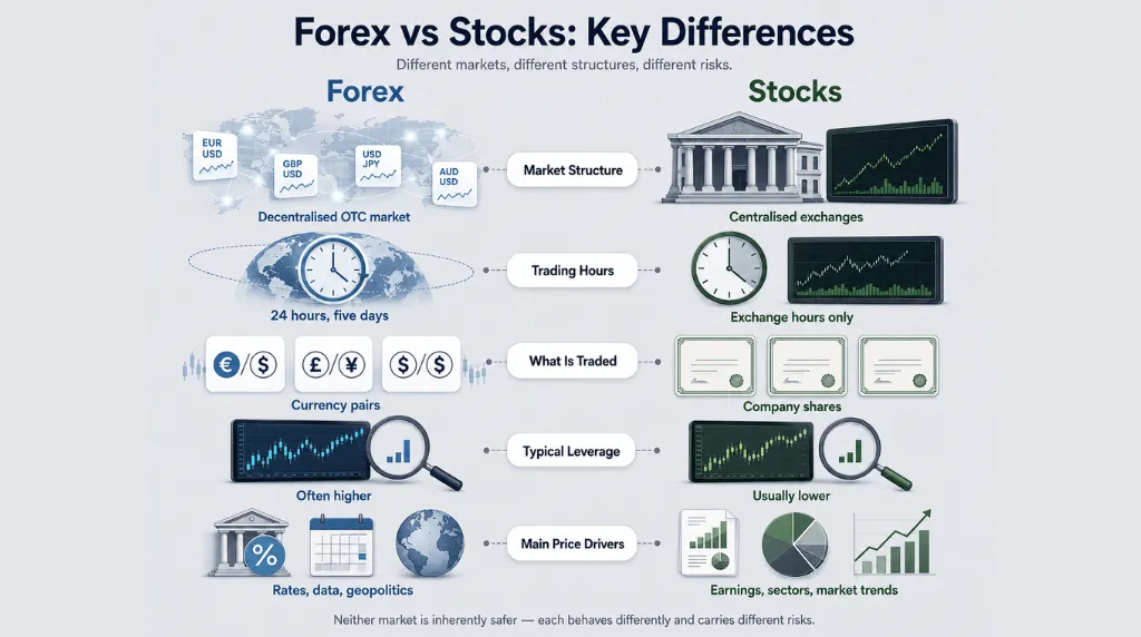 Infographic comparing forex and stocks across five key differences: market structure, trading hours, traded instruments, typical leverage, and main price drivers. Forex is shown as a decentralised OTC market for currency pairs, open 24 hours a day for five days, often with higher leverage and driven by rates, data, and geopolitics. Stocks are shown as centralised exchange-traded company shares with exchange-only hours, usually lower leverage, and price drivers such as earnings, sectors, and market trends Vantage Markets 