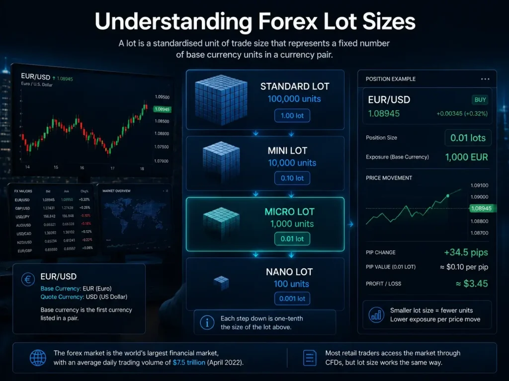Infographic explaining standard, mini, micro and nano forex lot sizes and their unit values